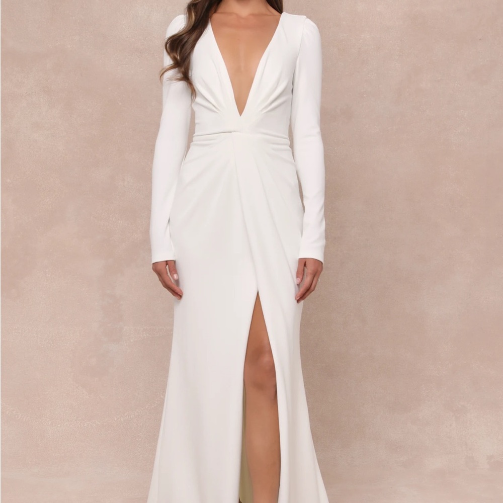 Lulu's White Long Sleeve V-Neck Dress